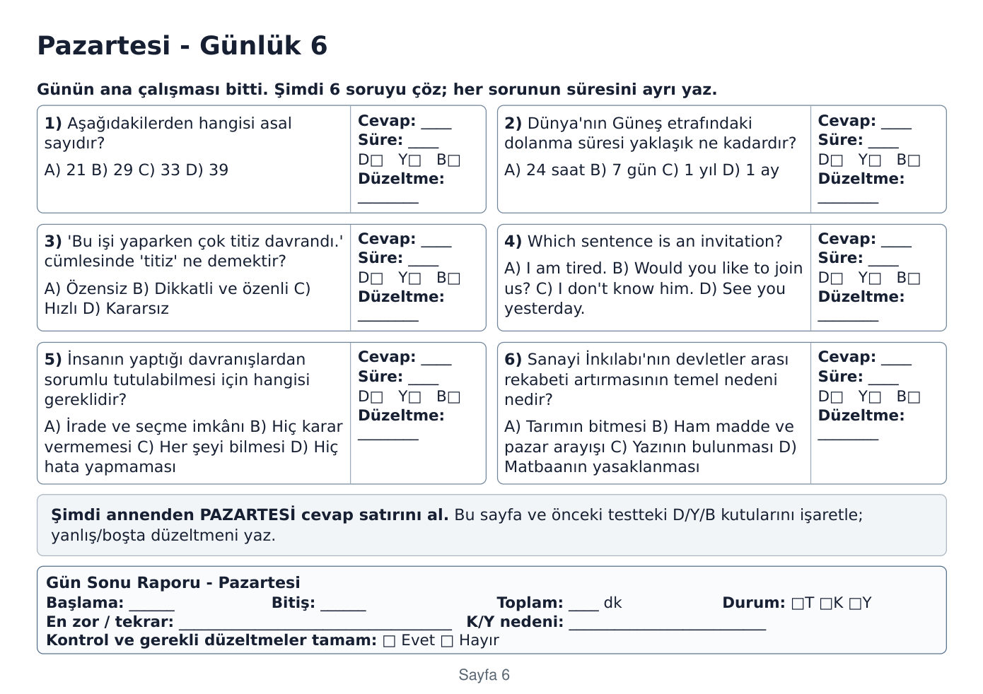 İkinci hafta kitapçığında günlük sınav sayfası
